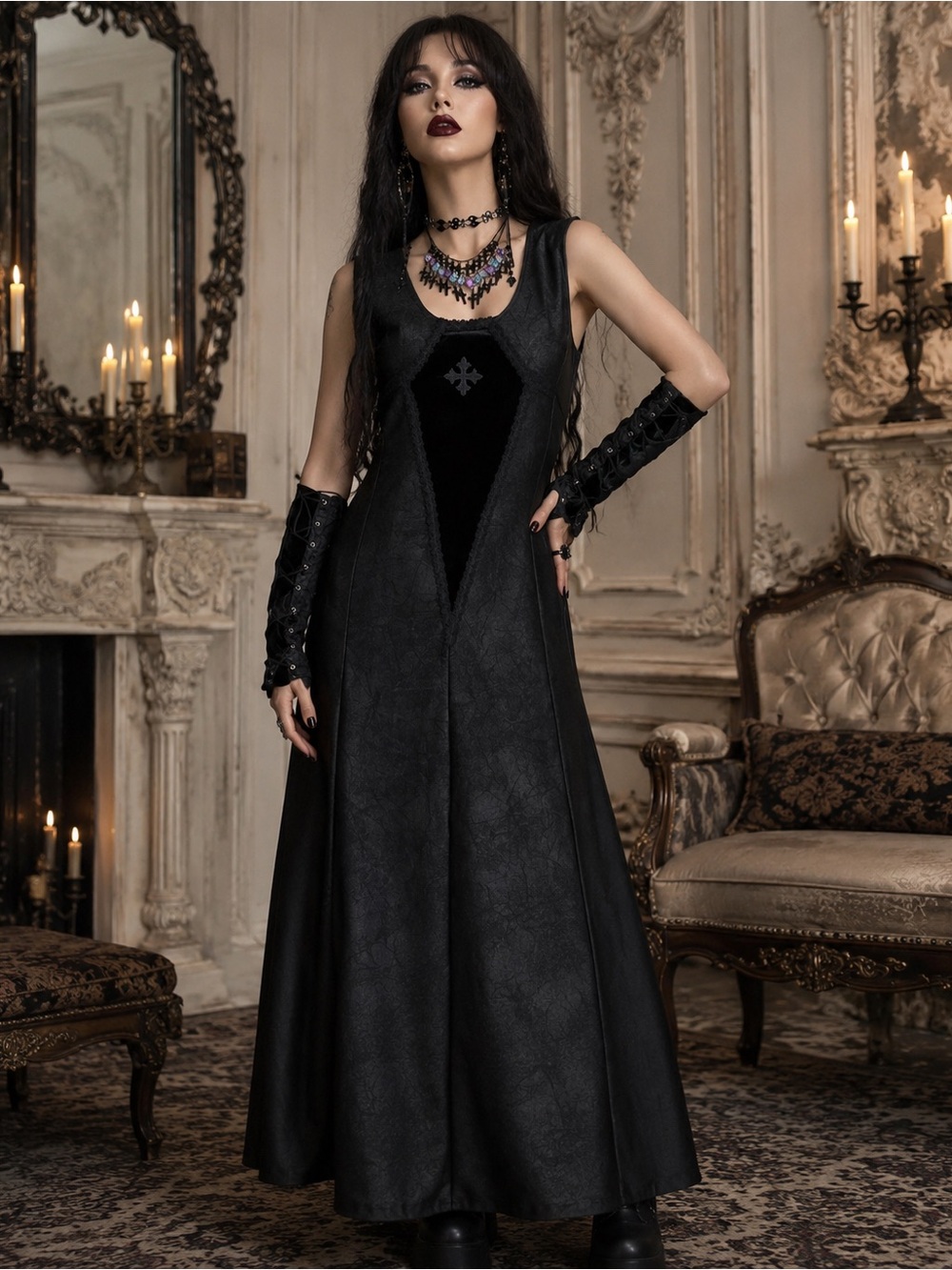 90s CYKXTEES Goth Morbid Thread Velvet Dress Tripp